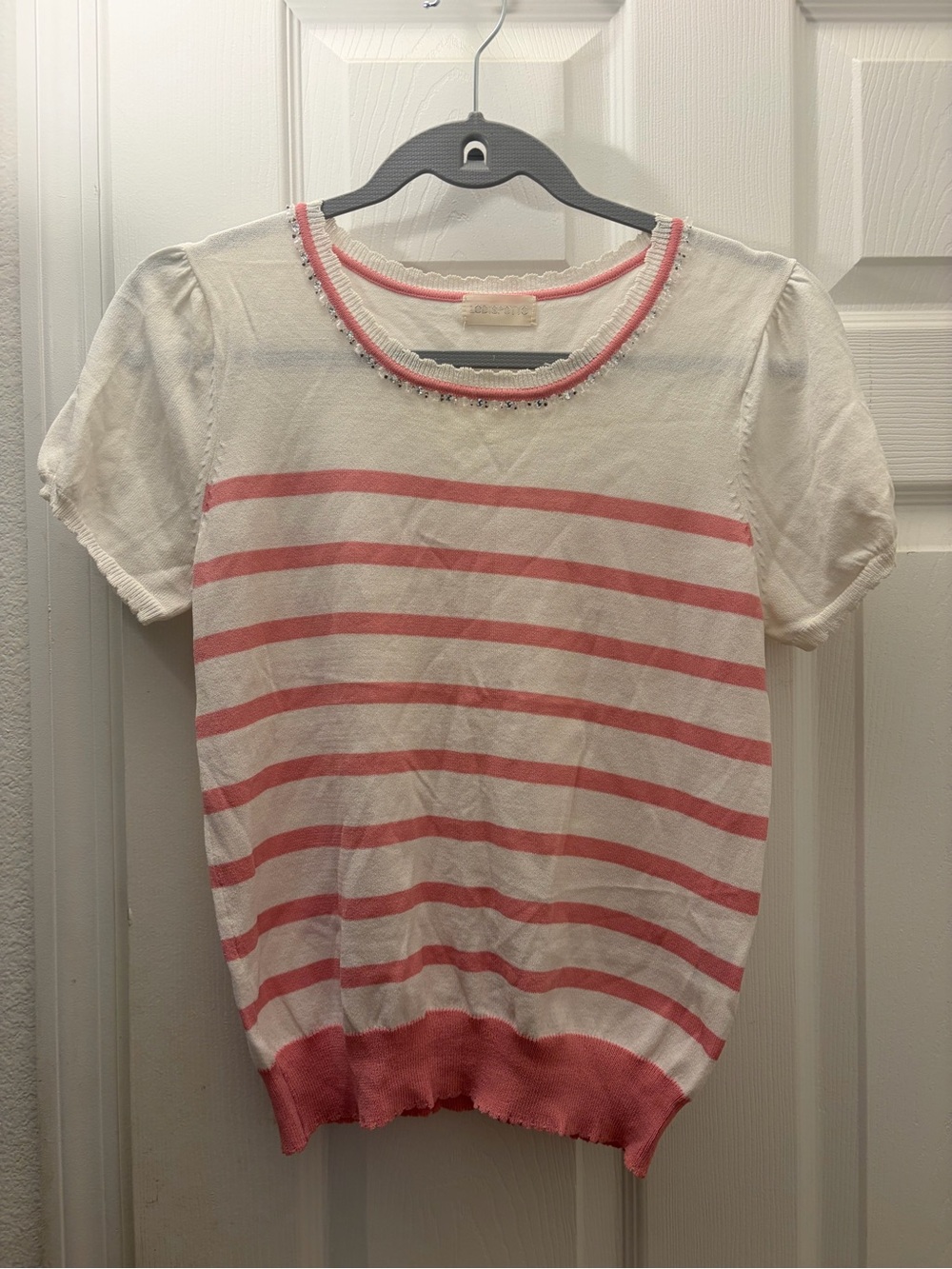 White & Pink Striped Short Sleeve Sweater Tee